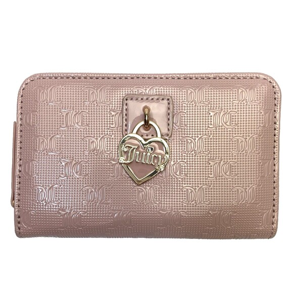 Juicy Couture Pink Zip Around Wallet Heart Charm Small Patent Logo Embossed Y2K - Picture 1 of 15